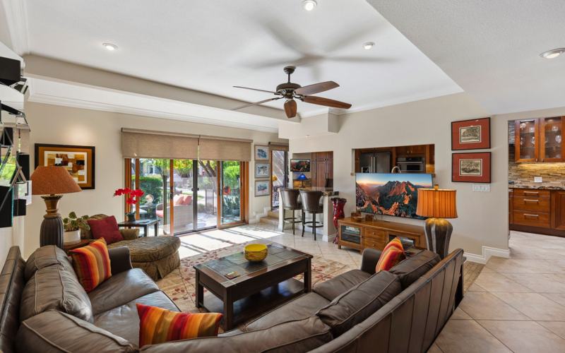 Sunken living room with patio access